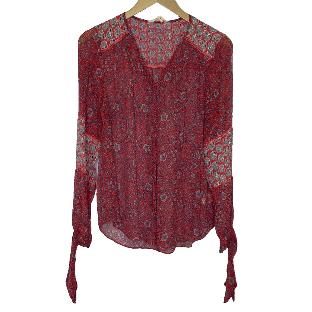 Women's 6 Rebecca Taylor Orange Floral Pattern 100% Silk Button Down Blouse